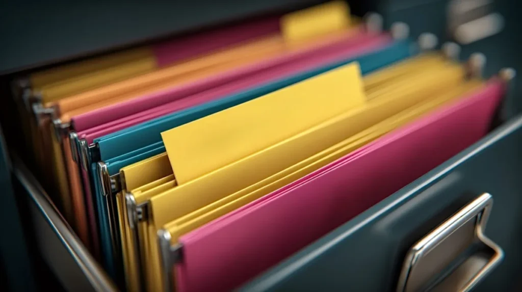Open filing cabinet drawer packed with magenta, yellow, and teal hanging file folders