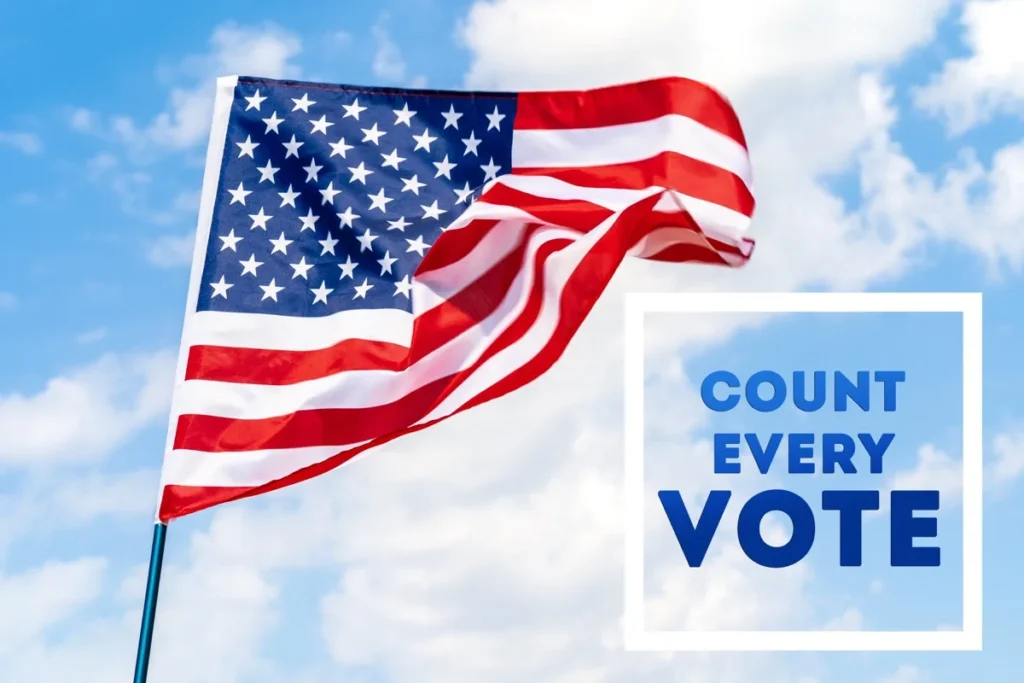 American flag waving against a cloudy blue sky beside a box reading COUNT EVERY VOTE