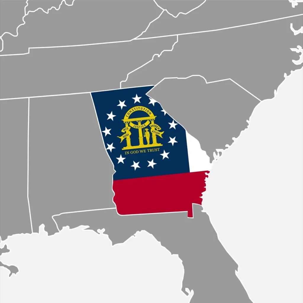 Map of the southeastern US with Georgia highlighted and filled with the state flag