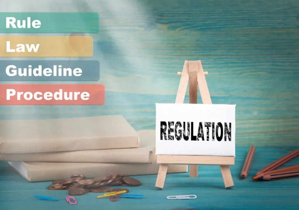 Easel card reading Regulation beside books and coins with Rule, Law, Guideline, and Procedure labels