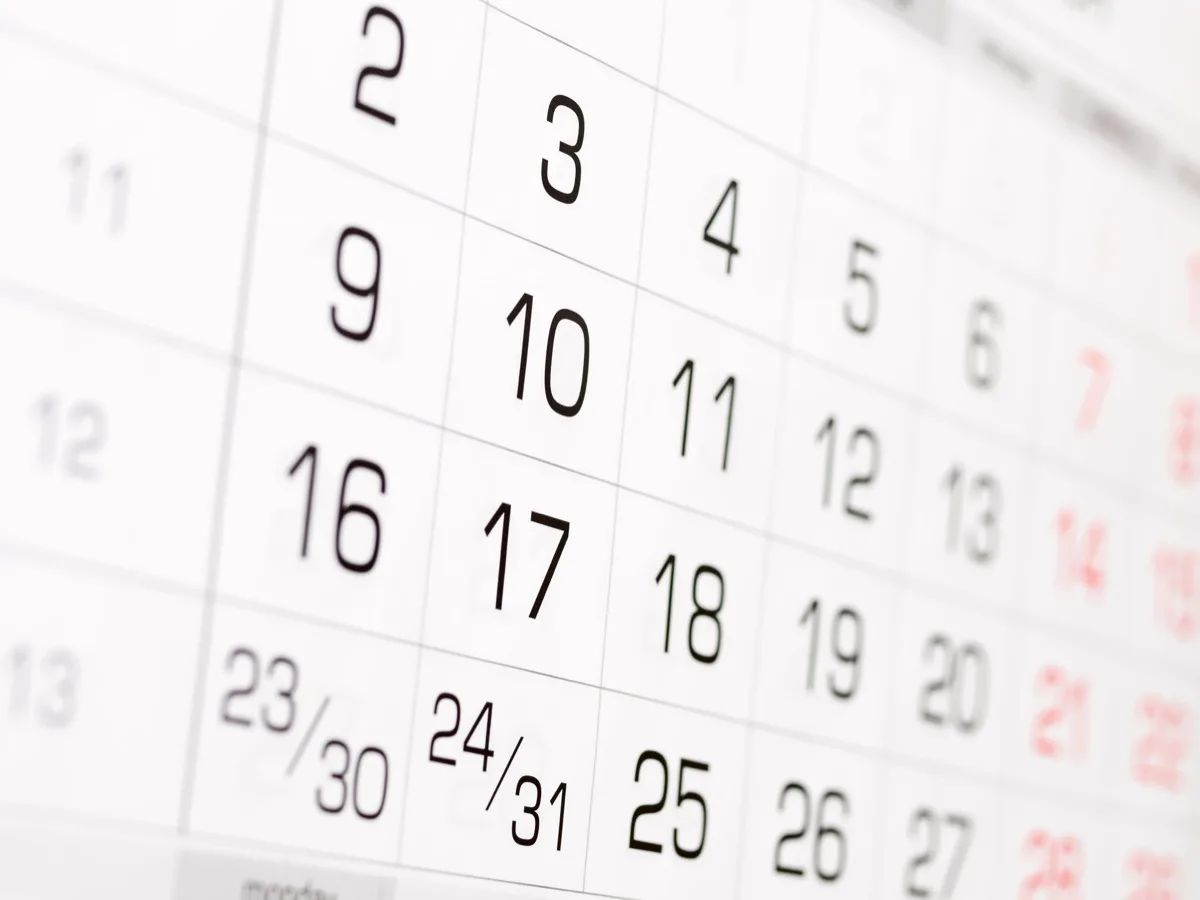 Close-up of a wall calendar showing a month of numbered dates